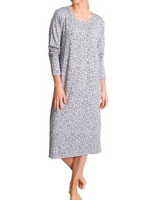 Nachthemd Tom Tailor "Victoria", Damen, Gr. 38 (M), N-Gr, grau (grau, mittel, allover), Single Jersey, Obermaterial: 95% Viskose, 5% Elasthan, gemustert, bequem wadenlang, Rundhals, Kleider Nachthemd, Mit Print, 3/4-&Auml;rmel, Rundhalsausschnitt, feminin, Viskosemix