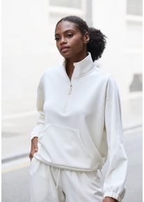 Langarmshirt Copenhagen Studios, Damen, Gr. 44/46, wei&szlig; (wollwei&szlig;), Sweatware, Obermaterial: 54% Modal, 40% Polyester, 6% Elasthan, unifarben, bequem h&uuml;ftlang, ohne Ausschnitt, elastischer Bund, Shirts Langarmshirt, aus hochwertigem Material mit Stehkragen und Rei&szlig;verschluss