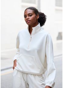 Langarmshirt Copenhagen Studios, Damen, Gr. 36/38, wei&szlig; (wollwei&szlig;), Sweatware, Obermaterial: 54% Modal, 40% Polyester, 6% Elasthan, unifarben, bequem h&uuml;ftlang, ohne Ausschnitt, elastischer Bund, Shirts Langarmshirt, aus hochwertigem Material mit Stehkragen und Rei&szlig;verschluss