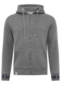 Kapuzensweatjacke Zwillingsherz "K&uuml;ste Meer Moin", Herren, Gr. M, grau (dunkelgrau), angeraute Sweatware, Obermaterial: 50% Baumwolle, 50% Polyester, h&uuml;ftbedeckend, ohne Ausschnitt, Sweatjacken Kapuzensweatjacke, Taschen, Kordelzug, Langarm, Rei&szlig;verschluss, Schriftz&uuml;ge