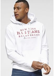 H.I.S. Kapuzensweatshirt H.I.S, Herren, Gr. M (48/50), wei&szlig;, angeraute Sweatware, Obermaterial: 60% Baumwolle, 40% Polyester, bedruckt, normal, Rundhals, Rippb&uuml;ndchen, Sweatshirts Kapuzensweatshirt, mit Print und Badge, Kapuze, f&uuml;r sportliche Outfits