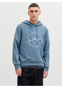Jack & Jones Kapuzensweatshirt JACK & JONES "JJGRAYSON SWEAT HOOD", Herren, Gr. M, blau mirage, angeraute Sweatware, Obermaterial: 65% Polyester, 35% Baumwolle, bedruckt, regular fit, Rippb&uuml;ndchen, Sweatshirts Kapuzensweatshirt
