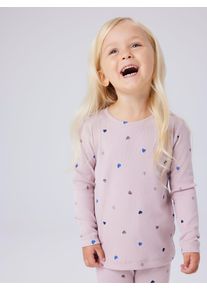 Langarmshirt name it "NMFNUTTI LS TOP NOOS", M&auml;dchen, Gr. 122/128, burnished lila aop:hearts, Feinripp, Obermaterial: 57% Baumwolle, 38% Modal, 5% Elasthan, bedruckt, Basic normal, Rundhals, abgesteppte Kante, Shirts Langarmshirt, mit tollem Herzchen-Alloverprint