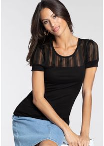 Spitzenshirt Melrose, Damen, Gr. 40, schwarz, Jersey, Obermaterial: 95% Viskose, 5% Elasthan. Einsatz: 100% Polyester, gestreift, unifarben, tailliert h&uuml;ftlang, Rundhals, Puff&auml;rmel, Shirts Spitzenshirt, mit Puff&auml;rmeln, taillierte Passform, aus elastischem Material, Topseller