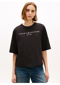 Langarmshirt Tommy Hilfiger "CORP LOGO TRAPEZE C-NK TEE", Damen, Gr. L (42/44), schwarz, Single Jersey, Obermaterial: 100% Baumwolle, unifarben, regular fit, Rundhals, Shirts Langarmshirt