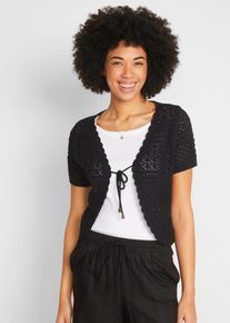 Bolero bonprix, Damen, Gr. 48/50 (XL), schwarz, Strick, Obermaterial: 50% Baumwolle, 50% Polyacryl, unifarben, slim fit kurz, V-Ausschnitt, Rippb&uuml;ndchen, Strickjacken Bolero, figurbetonte Slim fit Schnittform, feines Ajour-Strickmuster