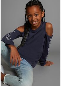 Langarmshirt Kangaroos "Shirt cut-out", M&auml;dchen, Gr. 164/170, blau (marine), Jersey, Obermaterial: 95% Baumwolle, 5% Elasthan, bedruckt, gerade h&uuml;ftlang, Rundhals, angesetztes B&uuml;ndchen, Shirts Langarmshirt, mit modischen Cut-Outs an den Schultern