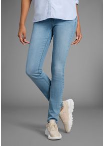 Slim-fit-Jeans Arizona "Bund mit seitlichem Gummizugeinsatz", Damen, Gr. 44, N-Gr, blau (bleached), Denim/Jeans, Obermaterial: 98% Baumwolle, 2% Elasthan, Basic, slim fit lang, Jeans Slim-fit-Jeans, schmale Passform, R&ouml;hrenjeans, Used-Waschung, hohe Leibh&ouml;he
