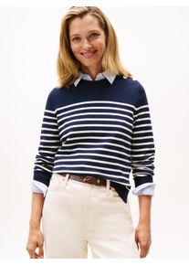 Strickpullover Tommy Hilfiger "CO JERSEY MID GG LS GOLD BTN SWT", Damen, Gr. XXXL(46), placed thin wei&szlig; stp sweaters, Strick, Obermaterial: 75% Baumwolle, 25% Polyamid, gestreift, normal, Rundhals, Pullover Strickpullover, mit goldfarbenen Kn&ouml;pfen