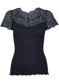 Spitzenshirt rosemunde "Beatha Lace Capsleeve T-Shirt", Damen, Gr. XL, schwarz, Feinstrick, Obermaterial: 55% Seide, 45% Baumwolle, durchscheinend, gebl&uuml;mt, unifarben, eng h&uuml;ftbedeckend, V-Ausschnitt, Spitze, Shirts Spitzenshirt, wundersch&ouml;ne elastisch weiche Vintage-Spitze an Ausschnitt und &Auml;rmeln