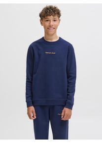 Jack & Jones Sweatshirt JACK & JONES JUNIOR "JORNORREBRO EMB SWEAT CREW NOOS JNR", Jungen, Gr. 128, blau (ocean cavern), angeraute Sweatware, Obermaterial: 89% Baumwolle, 11% Polyester, unifarben, relaxed fit normal, Rundhals, Rippb&uuml;ndchen, Sweatshirts Sweatshirt
