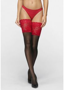 Halterlose Feinstr&uuml;mpfe Lascana, Damen, Gr. 32-34, rot (schwarz, rot), Elasthan, Polyamid, normal, Socken Halterlose Feinstr&uuml;mpfe, mit breitem Spitzenband in 20 DEN, Topseller