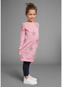 Sweatkleid Kidsworld "Sterne-Allover Kleid f&uuml;r kleine M&auml;dchen", M&auml;dchen, Gr. 92/98, N-Gr, rosa, angeraute Sweatware, Obermaterial: 100% Baumwolle, Glitzermuster, gemustert, Basic ca. Mitte Oberschenkel, Rundhals, angesetztes B&uuml;ndchen, Kleider Sweatkleid, Sweatkleid mit Glitzerdruck