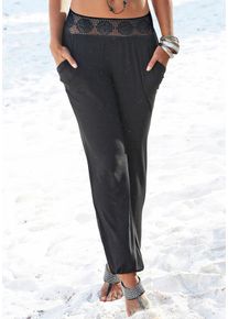 Strandhose Lascana, Damen, Gr. 46, N-Gr, schwarz, Obermaterial: 95% Viskose, 5% Elasthan. Spitze am Bund: 90% Baumwolle, 10% Elasthan, unifarben, bodenlang, Hosen Strandhose, mit H&auml;kelbund und Taschen, Jerseyhose, elastisch, bequem, Topseller