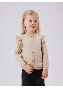 Strickjacke name it "NMFABINNE LS KNIT CARD NOOS", M&auml;dchen, Gr. 80, beige (peyote), Strick, Obermaterial: 74% Baumwolle, 18% Polyester, 8% metallisierte Fasern, unifarben, normal normal, Rundhals, Strickb&uuml;ndchen, Strickjacken Strickjacke, mit s&uuml;&szlig;er R&uuml;sche an den Schultern