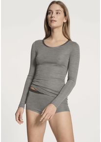 Langarmshirt Calida "True Confidence", Damen, Gr. L (48/50), grau (platin mel&eacute;), Rippware, Obermaterial: 70% Wolle, 30% Seide, unifarben, Basic h&uuml;ftbedeckend, Rundhals, Shirts Langarmshirt, Rundhals, Feinripp, atmungsaktiv, Wellensaum