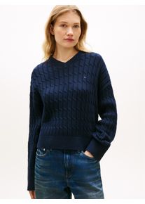 Strickpullover Tommy Hilfiger "CO CABLE MID GG RLX LS V-NK SWT", Damen, Gr. XL (46), schwarz night navy, Strick, Obermaterial: 100% Baumwolle, unifarben, relaxed fit normal, V-Ausschnitt, Pullover Strickpullover, mit Zopfmuster
