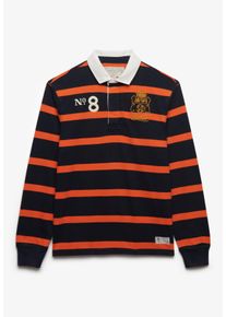 Langarmshirt Superdry "DOUBLE EMBLEM STRIPE RUGBY", Damen, Gr. M, navy, orange stripe, Single Jersey, Obermaterial: 100% Baumwolle, gestreift, relaxed fit normal, ohne Ausschnitt, Shirts Langarmshirt