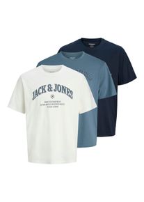 Jack & Jones T-Shirt JACK & JONES "JJEDENVER GRAPHIC TEE SS O-NECK 3PK MP", Herren, Gr. XS, navy blazer pack:navy blazer, cloud dancer, blau mirage, Jersey, Obermaterial: 100% Baumwolle, bedruckt, unifarben, Basic normal, Rundhals, Shirts T-Shirt, Topseller