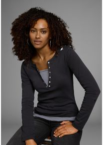 2-in-1-Shirt Kangaroos, Damen, Gr. 40/42, schwarz-wei&szlig; (schwarz, wei&szlig;), Obermaterial: 100% Baumwolle, geringelt, unifarben, sehr figurbetont, Rundhals, abgesteppt, Shirts 2-in-1-Shirt, Langarm, sehr figurbetont, Topseller