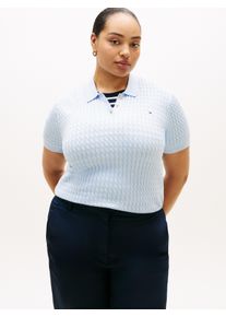 Polokragenpullover Tommy Hilfiger Curve "CRV CO CABLE FINE GG POLO S/S", Damen, Gr. 54, breezy blau, Strick, Obermaterial: 100% Baumwolle, Zopfmuster, regular fit normal, ohne Ausschnitt, Rippb&uuml;ndchen, Pullover Polokragenpullover, in gro&szlig;en Gr&ouml;&szlig;en, mit Zopfmuster