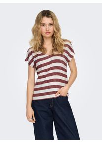 V-Shirt Only "ONLLIRA LIFE S/S V-NECK TOP JRS NOOS", Damen, Gr. S, spiced apple stripes:cloud dancer, Jersey, Obermaterial: 95% Viskose, 5% Elasthan, gestreift, regular fit normal, V-Ausschnitt, Shirts V-Shirt