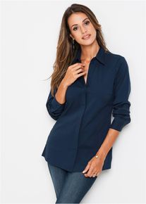 Langarmbluse bonprix "Long-Stretch-Bluse", Damen, Gr. 50, blau (dunkelblau), Obermaterial: 72% Baumwolle, 26% Polyamid, 2% Elasthan, festlich, loose fit, Blusen Langarmbluse, lockere Passform, mit Stehkragen, mit verdeckter Knopfleiste