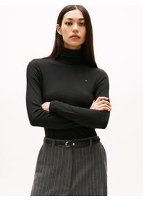 Langarmshirt Tommy Hilfiger "SLIM 5X2 RIB ROLL-NK LS", Damen, Gr. XS, schwarz, Rippware, Obermaterial: 95% Viskose, 5% Elasthan, unifarben, Basic, schmal h&uuml;ftlang, Rundhals, abgesteppte Kante, Shirts Langarmshirt, in gerippter Struktur
