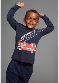 Langarmshirt Kidsworld "HIER KOMMT RETTUNG", Jungen, Gr. 92/98, blau (marine), Single Jersey, Obermaterial: 100% Baumwolle, bedruckt, Basic, Rundhals, Shirts Langarmshirt, Langarm, Basic-Passform, peppiger Druck