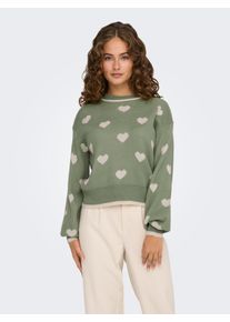 Jacqueline de Yong Rundhalspullover JDY "JDYROMANCE L/S JACQ. PULLOVER KNT NOOS", Damen, Gr. XS, gr&uuml;n (sea spray detail:w tapioca heart jacquard), Strick, Obermaterial: 100% Polyacryl, gemustert, normal, Rundhals, Pullover Rundhalspullover
