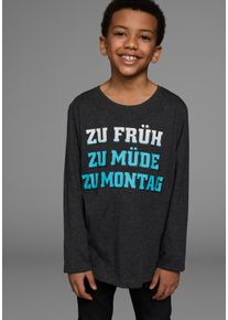 Langarmshirt Kidsworld "ZU FR&Uuml;H, ZU M&Uuml;DE, ZU MONTAG", Jungen, Gr. 140/146, grau (anthrazit, meliert), Jersey, Obermaterial: 60% Baumwolle, 40% Polyester, bedruckt, Basic, Rundhals, Shirts Langarmshirt, Langarm, Basic-Passform, mit stylischem Druck, Rundhalsausschnitt
