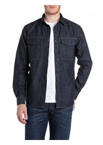 Langarmhemd Replay, Damen, Gr. M, N-Gr, blau (dunkelblau), Twill, Obermaterial: 100% Baumwolle, regular fit, mit Knopf,&Auml;rmel mit &Auml;rmelschlitz angesetztes B&uuml;ndchen, Hemden Langarmhemd