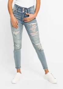 Skinny-fit-Jeans bonprix "Skinny Jeans High Waist, Stretch", Damen, Gr. 46, K-Gr, blau (hellblau denim heavy washed (kurz)), Denim/Jeans, Obermaterial: 76% Baumwolle, 16% Polyester, 7% Viskose, 1% Elasthan, Abriebeffekte, Destroyed-Effekte, skinny fit kn&ouml;chelfrei, Jeans Skinny-fit-Jeans, Skinny-fit, mit breitem High Waist Bund, coole Destroyed Effekte
