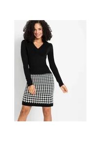 Strickkleid bonprix, Damen, Gr. 44/46 (L), N-Gr, schwarz (schwarz, wollwei&szlig;), Obermaterial: 100% Polyacryl. Kragen: 100% Polyacryl. Unterteil: 100% Polyacryl, figurbetont, Kleider Strickkleid, aus Polyacryl, figurbetonte Passform, gemustertes Rockteil