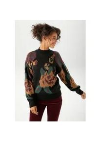 Strickpullover Aniston CASUAL, Damen, Gr. 36, rot (schwarz, ocker, smaragdgr&uuml;n, bordeaux), Strick, Obermaterial: 100% Polyacryl, Jacquardmuster, gebl&uuml;mt, gemustert, oversize h&uuml;ftlang, Rippstrickb&uuml;ndchen, Pullover Strickpullover, mit gro&szlig;fl&auml;chigen, eingestrickten Bl&uuml;ten