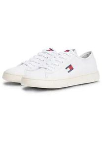 Tommy Hilfiger Plateausneaker TOMMY JEANS "TJW LIGHTWEIGHT COURT SNEAKER", Damen, Gr. 39, wei&szlig;, Leder, unifarben mit Farbeinsatz, Schuhe Plateausneaker, Freizeitschuh, Halbschuh, Schn&uuml;rschuh mit plakativer Logoflag