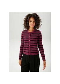 Strickjacke Aniston CASUAL, Damen, Gr. 42, bordeaux, schwarz, Strick, Obermaterial: 75% Polyacryl, 22% Polyester, 3% Elasthan, geringelt, gestreift, l&auml;ssig geschnitten kurz, Rundhals, Rippstrickb&uuml;ndchen, Strickjacken Strickjacke, im Streifen-Dessin