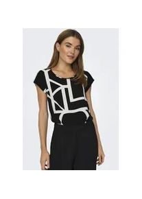 Shirtbluse Only "ONLVIC S/S AOP TOP NOOS PTM", Damen, Gr. 38 (M), schwarz (schwarz aop:maritime great logo), Web, Obermaterial: 97% Polyester, 3% Elasthan, bedruckt, regular fit h&uuml;ftlang, Rundhals, Blusen, mit Allover Druck