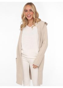 Cardigan Zwillingsherz, Damen, Gr. S/M, beige, Sweatware, Obermaterial: 50% Viskose, 27% Polyester, 23% Polyamid, unifarben, normal knielang, ohne Ausschnitt, Strickjacken Cardigan, Kapuze, Taschen, Langarm, ohne Verschluss