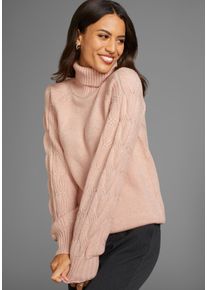 Ajourpullover Laura Scott, Damen, Gr. 36/38, rosa (rosa, melange), Strick, Obermaterial: 50% Viskose, 28% Polyester, 22% Polyamid, Zopfmuster, figurbetont h&uuml;ftlang, hoch geschlossener Ausschnitt, weit B&uuml;ndchen, Pullover Ajourpullover, mit Rollkragen aus softem Viskosestrick