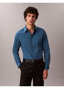 Langarmhemd Calvin Klein "LONG SLEEVE SOLID STRETCH SLIM SHIRT", Herren, Gr. L, N-Gr, blau (alfalfa blau), Web, Obermaterial: 96% Baumwolle, 4% Elasthan, slim fit h&uuml;ftlang, Rundhals, &Auml;rmel mit &Auml;rmelschlitz 2-Knopf-Manschette, Hemden Langarmhemd, slim fit, in Unifarbe