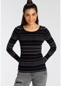 Langarmshirt Kangaroos, Damen, Gr. 44/46, schwarz, Rippware, Obermaterial: 100% Baumwolle, bedruckt, gemustert, sehr figurbetont h&uuml;ftbedeckend, Rundhals, Shirts Langarmshirt, sehr figurbetonte Passform, mit Zick-Zack-Muster, aus 100% Baumwolle