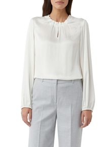 Langarmbluse comma, Damen, Gr. 46, wei&szlig;, Web, Obermaterial: 100% Viskose, unifarben, bequem h&uuml;ftbedeckend, Rundhals, elastischer Bund, Blusen Langarmbluse, mit gerafften Kragen