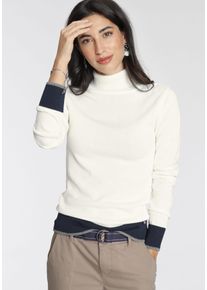 Rollkragenpullover AJC, Damen, Gr. 40/42 (M), bunt (sanftes wei&szlig;, marine), Feinstrick, Obermaterial: 50% Baumwolle, 50% Polyacryl, unifarben mit Farbeins&auml;tzen, sehr figurbetont h&uuml;ftlang, hoch geschlossener Ausschnitt, Rippb&uuml;ndchen, Pullover Rollkragenpullover, in enger Form mit Farbkontrasten