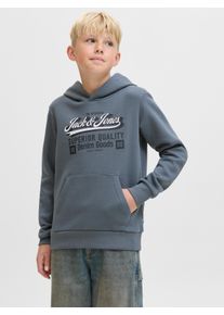 Jack & Jones Kapuzensweatshirt JACK & JONES JUNIOR "JJELOGO SWEAT HOOD 2 COL AW25 NOOS JNR", Jungen, Gr. 128, grau (stormy weather), angeraute Sweatware, Obermaterial: 70% Baumwolle, 30% Polyester, bedruckt, regular fit normal, ohne Ausschnitt, Rippb&uuml;ndchen, Sweatshirts Kapuzensweatshirt