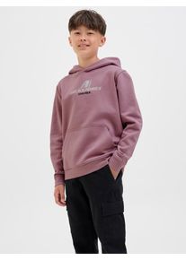 Jack & Jones Kapuzensweatshirt JACK & JONES JUNIOR "JCOTIER FRONT PRINT SWEAT HOOD JNR", Jungen, Gr. 140, lila (grape shake), angeraute Sweatware, Obermaterial: 70% Baumwolle, 30% Polyester, bedruckt, relaxed fit, Rippb&uuml;ndchen, Sweatshirts Kapuzensweatshirt