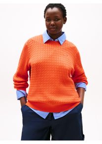 Strickpullover Tommy Hilfiger Curve "CRV CO CABLE FINE GG C-NK LS SWT", Damen, Gr. 46, orange (brilliant orange), Strick, Obermaterial: 100% Baumwolle, unifarben, figurbetont normal, Rundhals, Rippstrickb&uuml;ndchen, Pullover Strickpullover, in gro&szlig;en Gr&ouml;&szlig;en, mit Zopfmuster