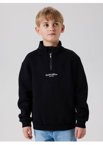 Sweatshirt name it "NKMBRODY LS NREG SWEAT ZIP BRU NOOS", Jungen, Gr. 146/152, wei&szlig; (schwarz print:with wei&szlig; print), Sweatware, Obermaterial: 70% Baumwolle, 30% Polyester, bedruckt, unifarben, Basic h&uuml;ftlang, Rundhals, Rippb&uuml;ndchen, Sweatshirts Sweatshirt, mit Stehkragen und kurzem Rei&szlig;verschluss