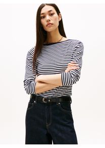 Langarmshirt Tommy Hilfiger "SLIM 5X2 RIB BOAT-NK LS mit U-Boot Ausschnitt und Rippstruktur", Damen, Gr. XL (42), schwarz night navy, ecru stp, Single Jersey, Obermaterial: 95% Viskose, 5% Elasthan, gestreift, figurbetont normal, U-Boot-Ausschnitt, Shirts Langarmshirt, unifarben, casual, slim fit, Viskosemix, U-Boot-Ausschnitt