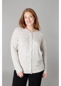 Cardigan Base Level Curvy "Yulia", Damen, Gr. 44, grau (grau melange), Strick, Obermaterial: 43% Nylon, 26% Polyacryl, 13% Alpaka, 13% Wolle, 5% Elasthan, unifarben, normal h&uuml;ftbedeckend, Rundhals, Flachstrickb&uuml;ndchen, Strickjacken Cardigan, mit Woll-Anteil und Knopfleiste